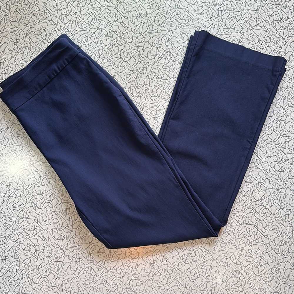 Chico’s navy blue small dress slacks/trousers. Stretchy.
